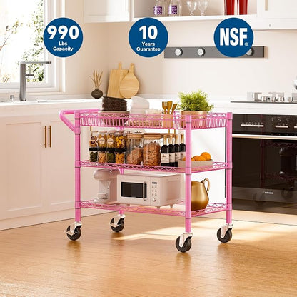 Pink Rolling Utility Cart with Wheels, 990Lbs Heavy Duty Metal Cart with Handle - Image 2