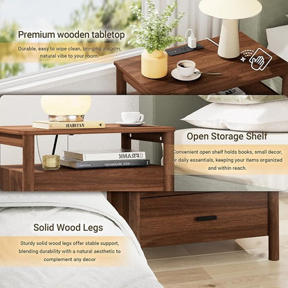 Night Stand Set of 2 with Charging Station, 2 Drawers End Table with Open Shelf - Image 3