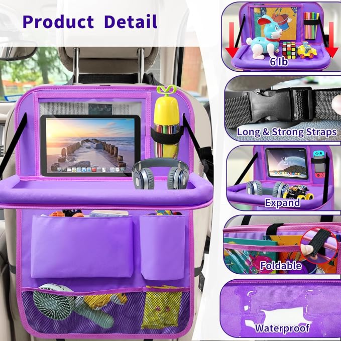Car Backseat Organizer with Tray, Seat Back Table Holder with 6 Storage Pockets - Image 3
