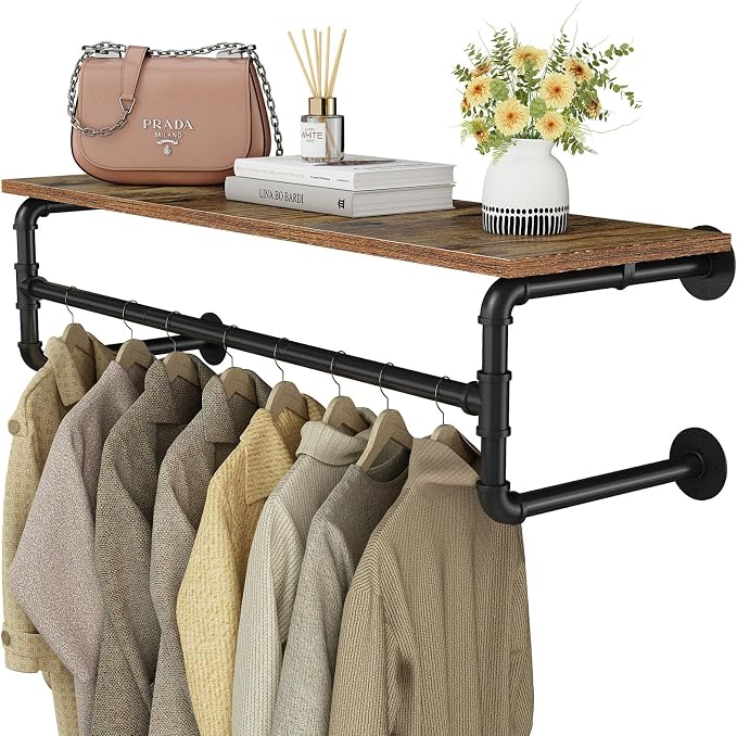 Clothes Rack with Top Shelf, 43.3in Industrial Pipe Wall Mounted Garment Rack by UlSpeed
