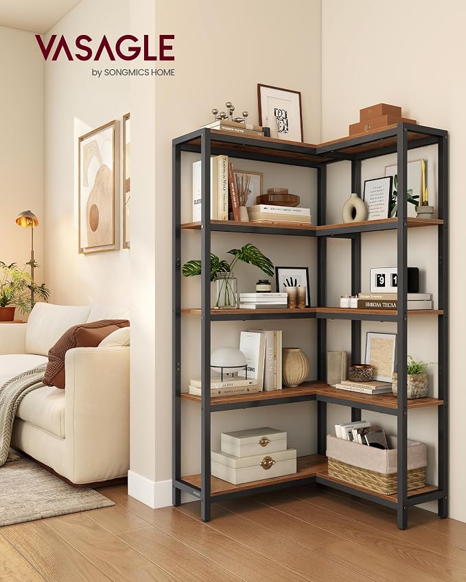 VASAGLE 5 Tier Bookshelf with Metal Frame, Convertible Industrial Corner Shelf - Image 2