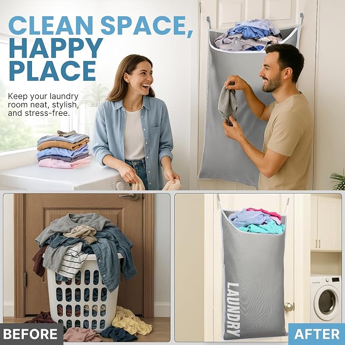 Hanging Laundry Hamper Bag XL 40x22", Space Saving over the Door Storage Bags - Image 4