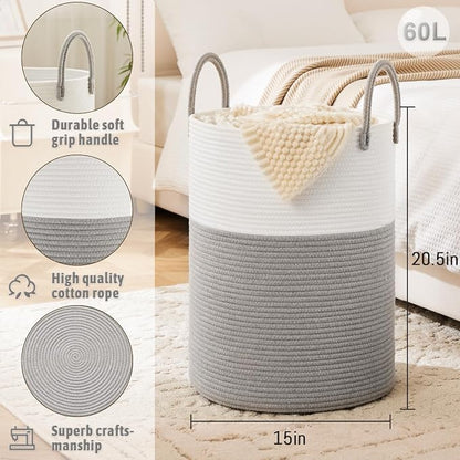 Laundry Basket, Woven Cotton Rope Laundry Hamper, 60L - Image 6