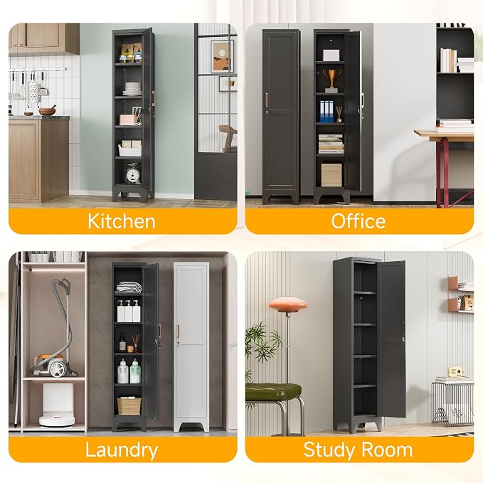 67"H Black Metal Locker with 1 Lockable Door and 4 Adjustable Shelves - Image 7