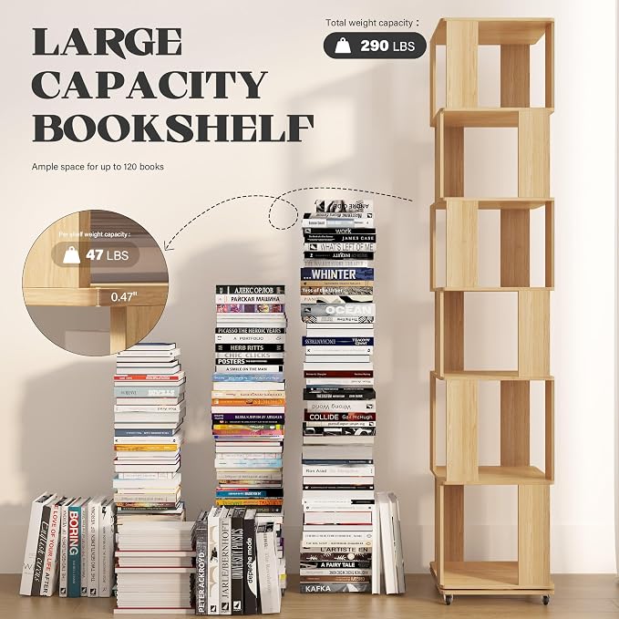 6 Tier Solid Wood Rotating Bookshelf Tower on Wheels, 360° Upgrade Spinning - Image 6