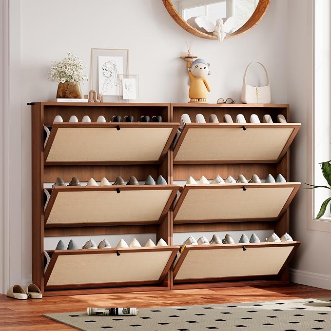 Rattan Shoe Cabinet with 3 Flip Drawers, Simple Setup Hidden Shoe Rack - Image 8