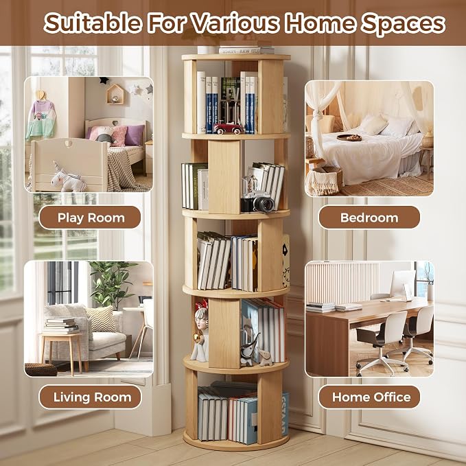 5 Tier Rotating Bookshelf Tower, 360° Display Round Bookcase, Floor Standing - Image 8
