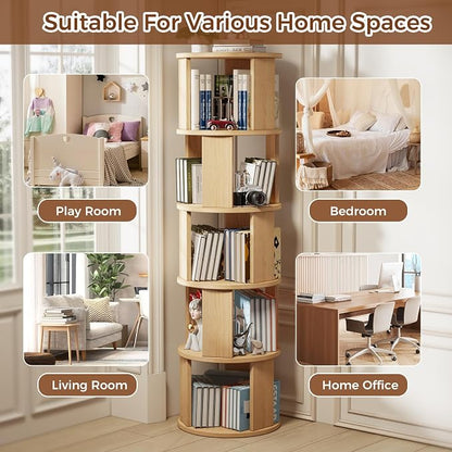 5 Tier Rotating Bookshelf Tower, 360° Display Round Bookcase, Floor Standing - Image 8
