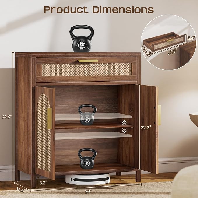 Rattan Buffet Cabinet with Storage, Sideboard Cabinet with Doors and Shelves - Image 2