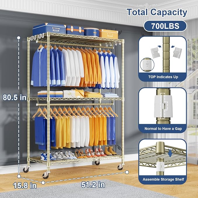 P8 Heavy Duty Clothes Rack（With Extended Width Design） Rolling Clothing Racks - Image 2