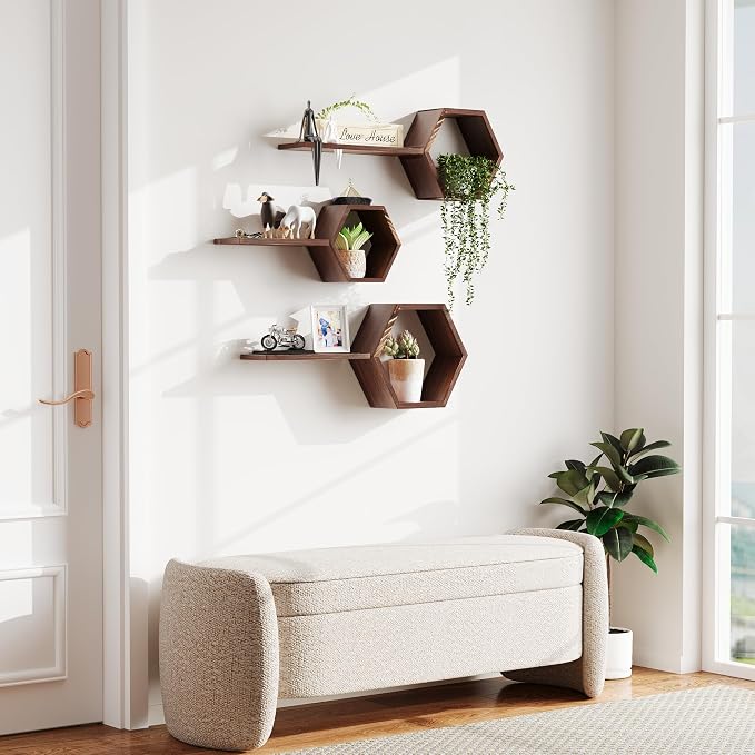 Wooden Hexagon Floating Shelves Wall Mounted, Rustic Honeycomb Shelves - Image 3