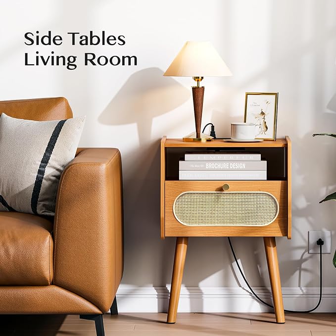 Night Stand Set 2, Mid Century Modern Nightstands, Rattan Bedside Table - Image 8