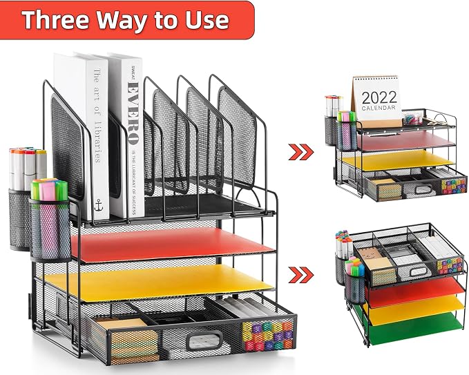 Marbrasse Desk organizer with Drawer, 4-Tier Mesh File Organizer with 5 - Image 4