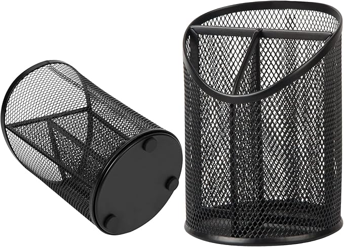 2 Pack Pen Holder Mesh Round Pencil Holder Desktop Organizer 3 Compartments - Image 3