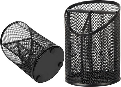 2 Pack Pen Holder Mesh Round Pencil Holder Desktop Organizer 3 Compartments - Image 3