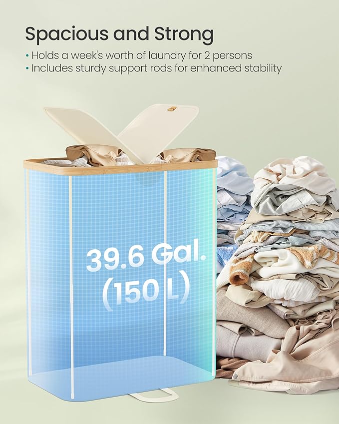 SONGMICS Laundry Hamper with Lids, Laundry Basket with 2 Compartments, 39 Gal. - Image 3