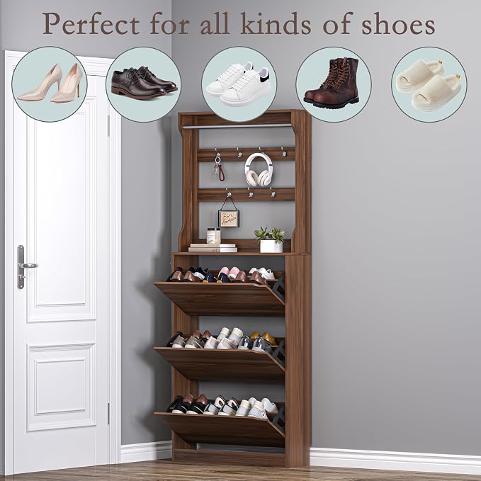 BORNOON Shoe Cabinet with 3 Flip Drawers & Coat Rack, Narrow Hidden Shoe - Image 4