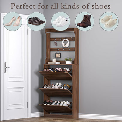 BORNOON Shoe Cabinet with 3 Flip Drawers & Coat Rack, Narrow Hidden Shoe - Image 4