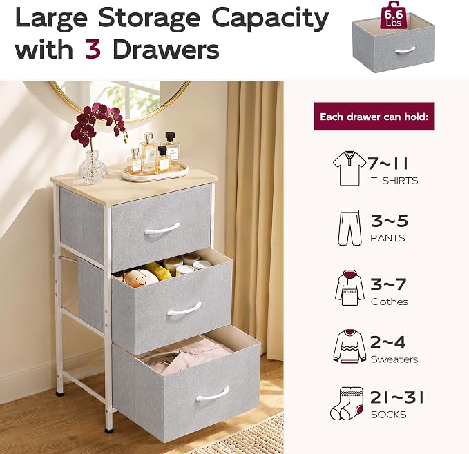 WLIVE Small Dresser Nightstand for Bedroom, 3 Drawers, Light Grey | 3 roomy - Image 6