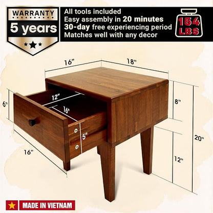 Acacia Sofia Nightstand with Drawer, Bedside Table, Solid Wood Bedside End - Image 2