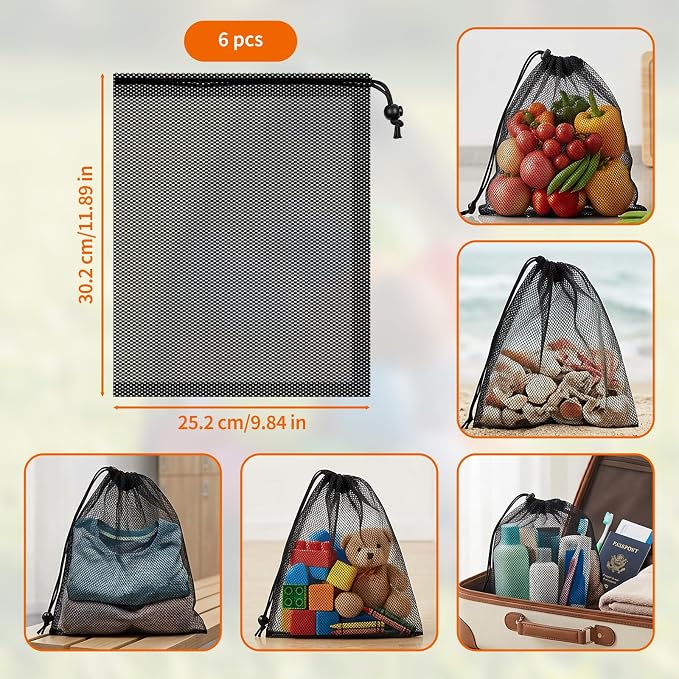 6-Pack Nylon Mesh Bags Drawstring – 11.8'' x 9.8'' Secure Cinch-Top - Image 2