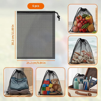 6-Pack Nylon Mesh Bags Drawstring – 11.8'' x 9.8'' Secure Cinch-Top - Image 2