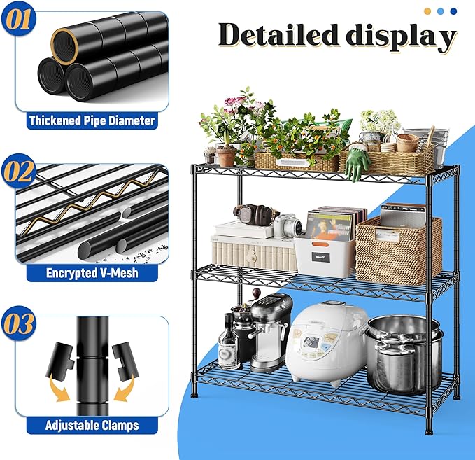 DurayLoly 35.6"W 3-Tier Metal Shelving, Adjustable Storage Shelves, Kitchen | - Image 5