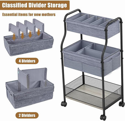 3-Tier Baby Diaper Caddy Organizer and Storage Cart, Mobile Metal Utility Cart - Image 3