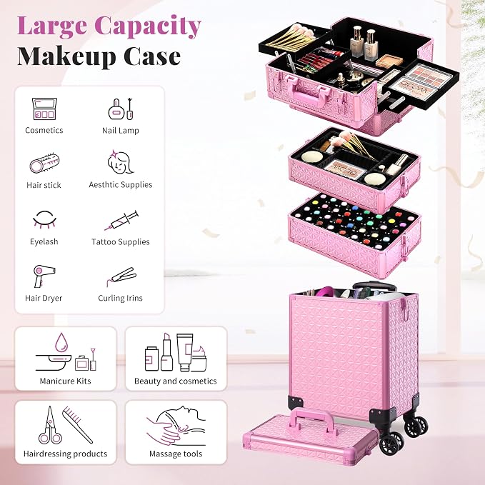 AROUS 5 in 1 Rolling Makeup Train Case Cosmetology Case on Wheels Large - Image 6