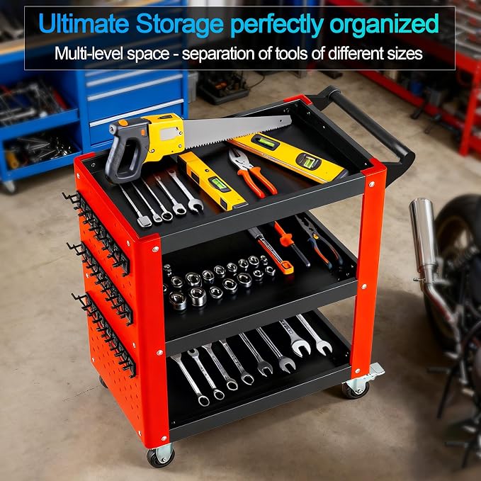 3-Tier Rolling Tool Cart with Pegboard, Heavy Duty Mechanic Utility Cart - Image 2