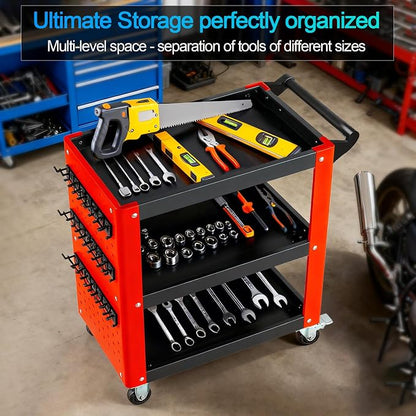 3-Tier Rolling Tool Cart with Pegboard, Heavy Duty Mechanic Utility Cart - Image 2