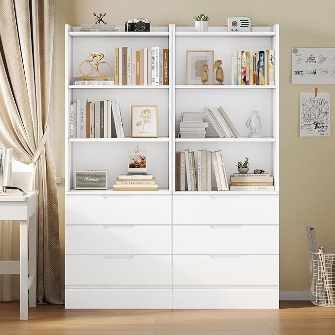 DICTAC Bookcase Set of 2 with 3 Drawers 73.23'' White Bookshelf Storage - Image 2