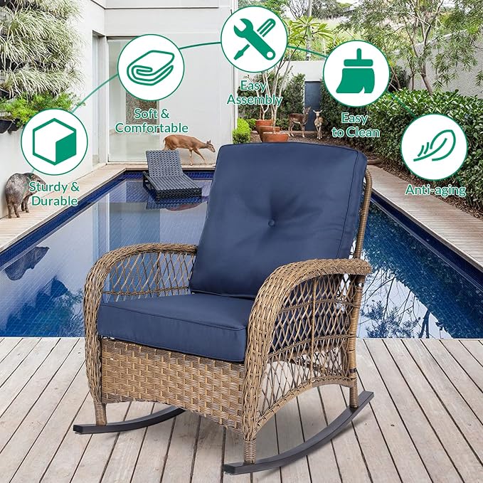 VIVIJASON 2 Piece Patio Wicker Rattan Rocker Chair, Outdoor Rattan Rocker Chair - Image 4
