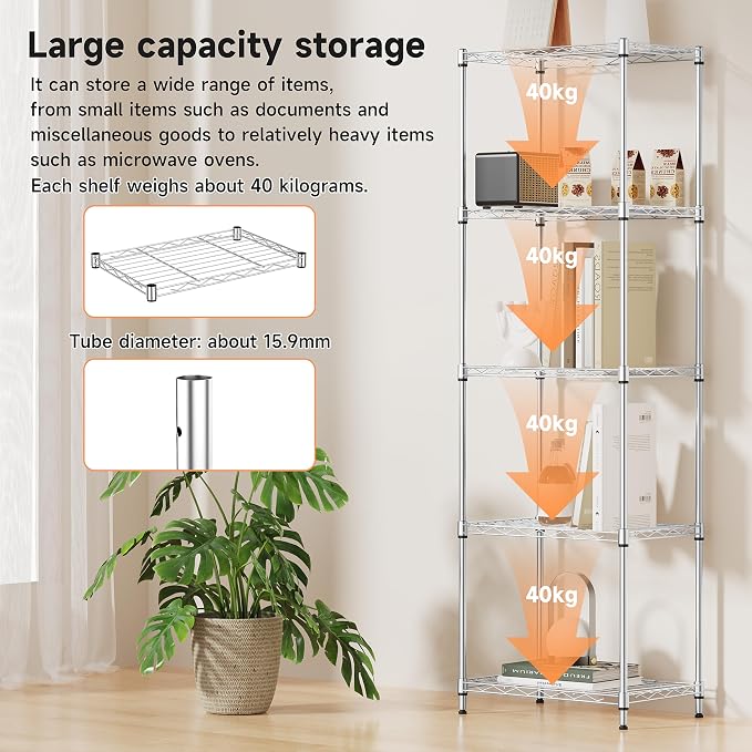 IZEUK 5 Tier Metal Wire Shelf Unit, Chrome Storage Rack Organizer - Image 4