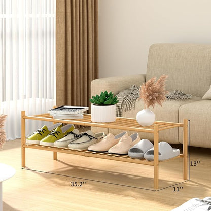 2-Tier Bamboo Long Shoe Rack, Free Standing Wood Shoe Shelf Storage Organizer - Image 3