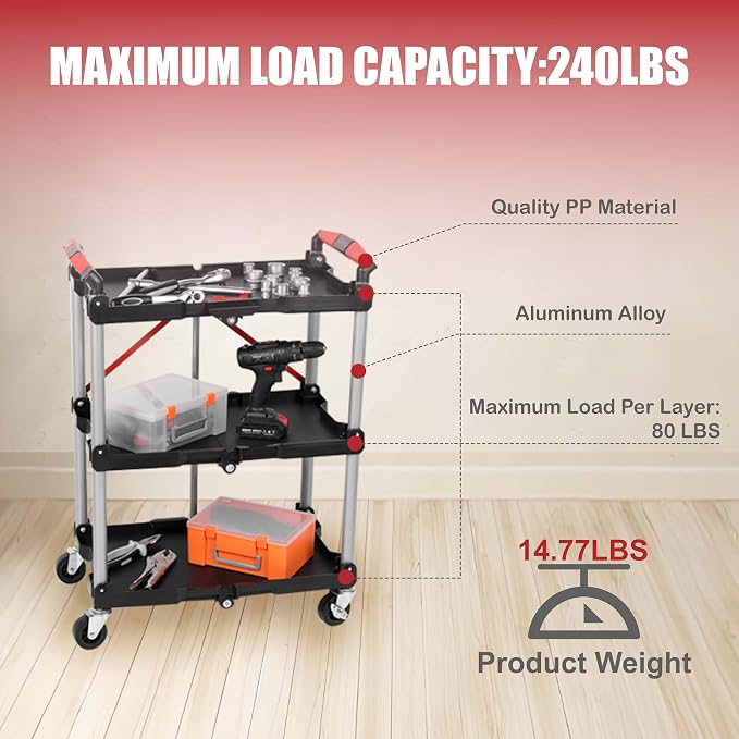 【Foldable Utility Cart with 3 Shelves】 Heavy Duty Plastic Rolling Cart - Image 6