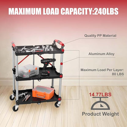【Foldable Utility Cart with 3 Shelves】 Heavy Duty Plastic Rolling Cart - Image 6