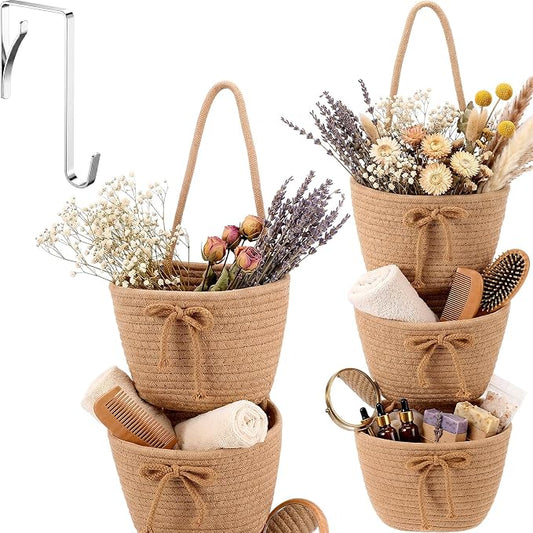 3-tier Hanging Basket Wall Mounted Coquette Bow Cotton Rope Hanging Storage by Ferrochef