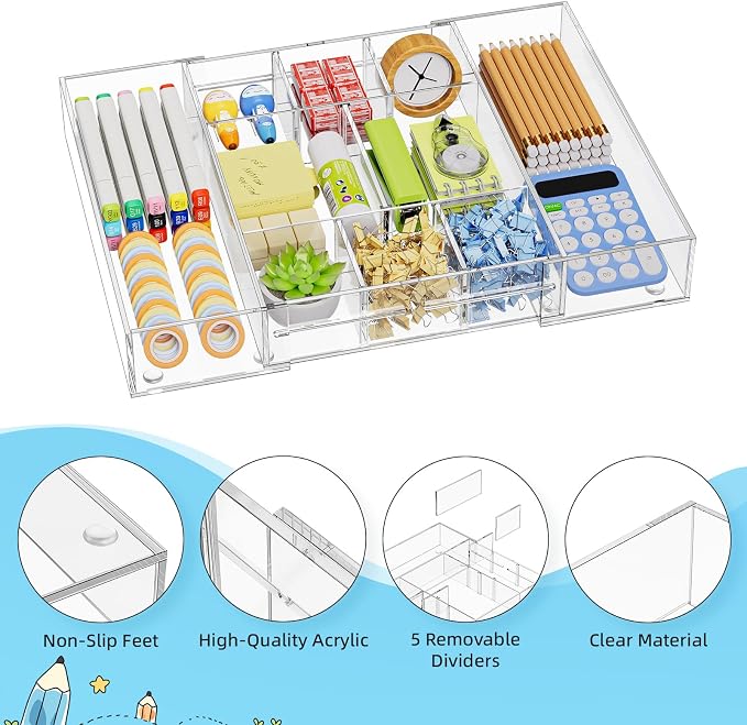 Marbrasse Acrylic Expandable Drawer Organizer, Desk Organizers and Accessories - Image 7