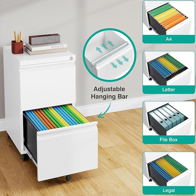 SISESOL Assembled 2 Drawer File Cabinet on Wheels, Metal Filing Cabinet - Image 5