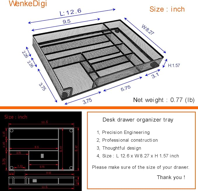 Metal Mesh Desk Drawer Organizer Tray, 6-Compartment Office Drawer Organizer - Image 3