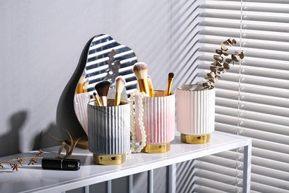 IEEK Pink and Gold Makeup Brush Holder Organizer, Glass Cosmetics Brushes Cup - Image 3