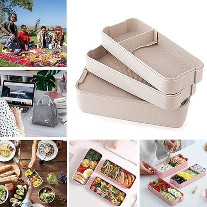 Rarapop Beige Stackable Bento Lunch Box Kit, 3-In-1 Compartment Wheat Straw - Image 6