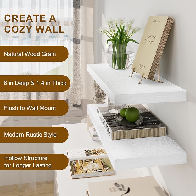 Fun Memories White Floating Shelves, 8 Inch Deep Wall Shelves Set of 2 - Image 5