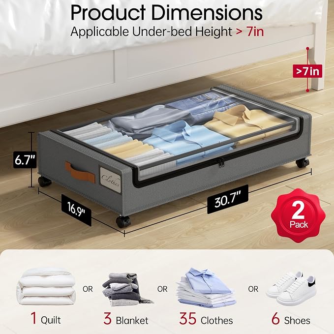 Yecaye Under Bed Storage with Wheels, 2 Pack Under Bed Storage Containers - Image 2