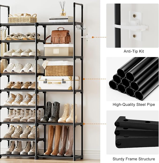 WOWLIVE 9 Tier 2-Column Shoe Rack, 30-35 Pairs Stackable Black | Compact - Image 7