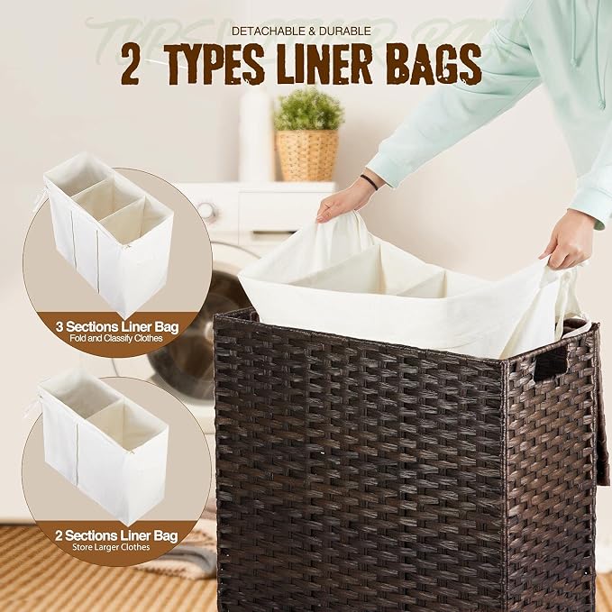 Greenstell Laundry Hamper with Lid, 125L Large Clothes Hamper with 3 Section & - Image 2