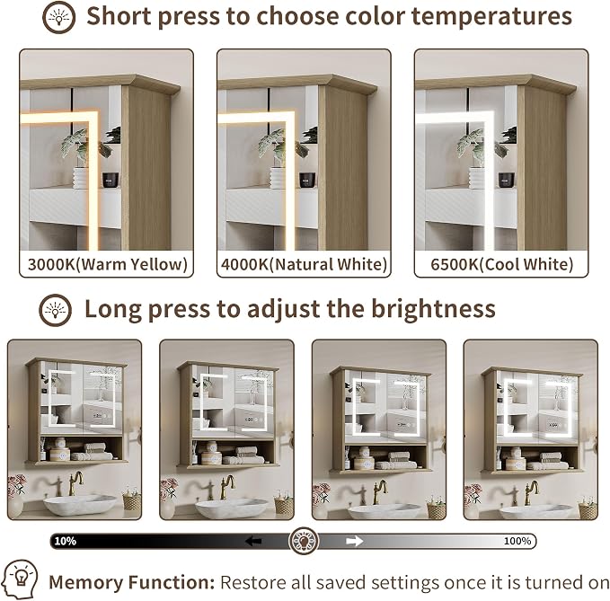 Bathroom Medicine Cabinet with Mirror, Lighted Wall Storage Cabinet, Oak | 21" - Image 4
