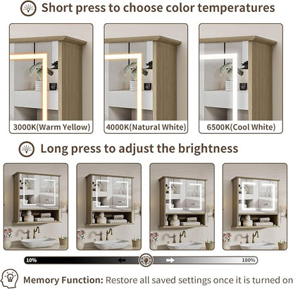 Bathroom Medicine Cabinet with Mirror, Lighted Wall Storage Cabinet, Oak | 21" - Image 4