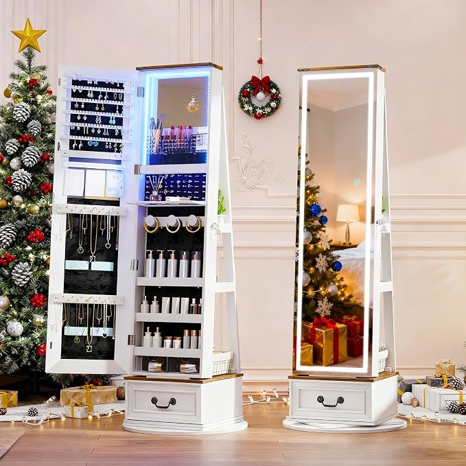 LVSOMT LED Mirror Jewelry Cabinet Standing, 360°Swivel Jewelry Armoire by DecorateHomeatEase